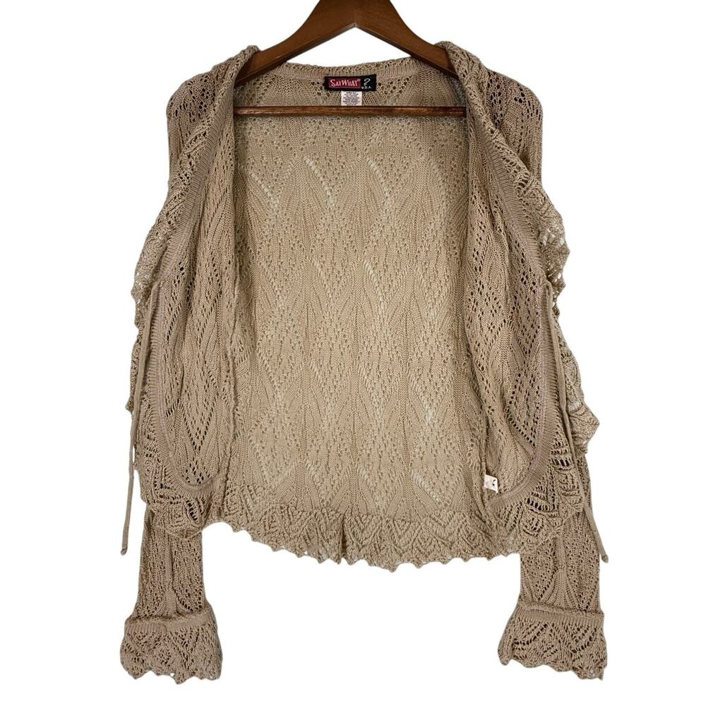 VTG Y2k Crochet Open Knit Tie Front Cardigan Wrapper SIZE MEDIUM Tan USA Ruffle - Picture 3 of 12